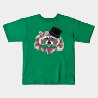 Raccoon in a hat with a mug of coffee Kids T-Shirt